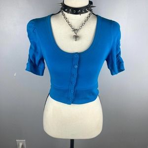 Blue ruched cropped cardigan